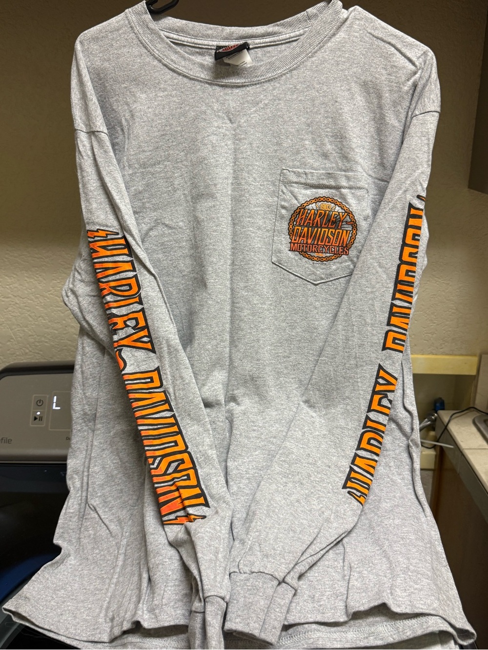 Harley-Davidson Gray Crewneck Tee with Orange Logo Tag